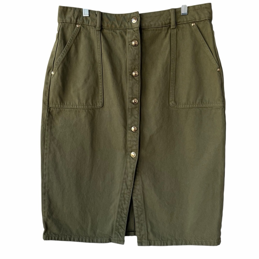 Michael‎ Kors Olive Green Denim Midi Cargo Skirt with gold-tone hardware size 14